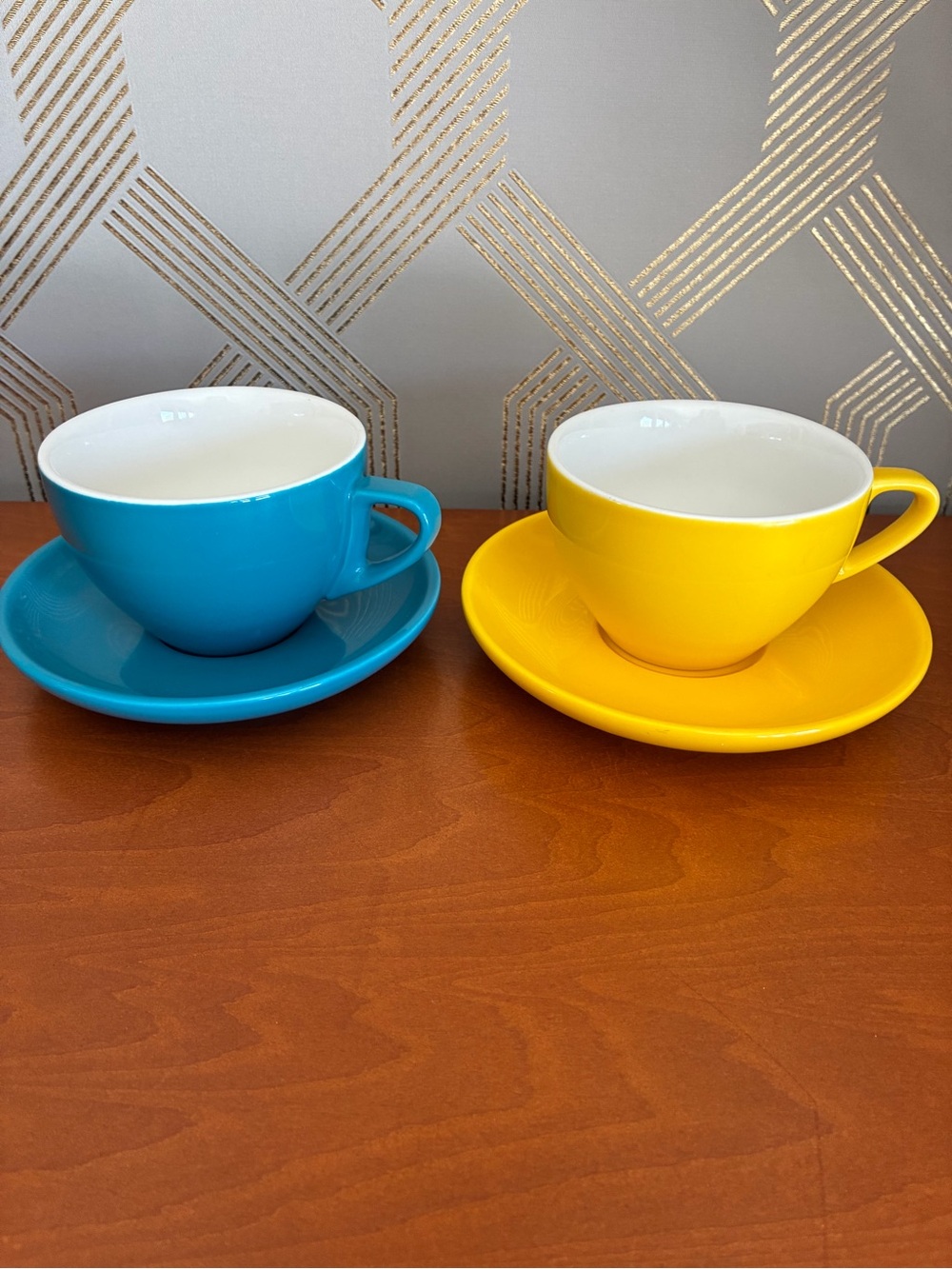 Bright Blue & Sunny Yellow Ceramic Coffee Cup and Saucer Set - 2-Pack